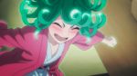  1girl animated animated_gif blush closed_eyes drunk green_hair japanese_clothes one-punch_man open_mouth smile solo tatsumaki 