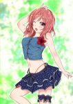  1girl black_eyes blue_skirt brown_hair groin looking_at_viewer love_live! love_live!_school_idol_project midriff navel nishikino_maki niwata one_eye_closed open_mouth skirt solo strapless 