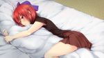  1girl bed bed_sheet blouse blue_bow blush bow depth_of_field hair_bow hair_ornament hot hug indoors lying miniskirt nnyara on_side parted_lips pillow pillow_hug pleated_skirt red_eyes redhead sekibanki short_hair skirt sleeveless solo sweat thighs touhou 