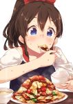  1girl blue_eyes blush brown_hair eating food food_request highres holding holding_spoon idolmaster idolmaster_million_live! narumi_arata plate ponytail rice satake_minako solo spoon 