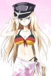  1girl bare_shoulders bikini bismarck_(kantai_collection) blonde_hair blue_eyes breasts cleavage german_flag german_flag_bikini hat kantai_collection navel peaked_cap sarong side-tie_bikini solo striped striped_bikini swimsuit tsurime ugatsu_matsuki 