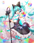  1girl :d armpit_peek black_bow black_dress blurry bow breasts cable cowboy_shot cube depth_of_field dress eyelashes gloves glowing gradient gradient_background grey_background hair_between_eyes hair_bow hatsune_miku headphones highres jumper lens_flare long_hair looking_at_viewer magical_mirai_(vocaloid) microphone_stand necktie open_mouth outstretched_arms pantyhose pinafore_dress shirt smile solo sparkle striped twintails vertical-striped_dress vertical_stripes very_long_hair vocaloid white_gloves white_legwear white_shirt y.i._(lave2217) 