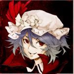  &gt;:) 1girl arikanrobo blue_hair colored_pencil_(medium) flower grin hat hat_flower hat_ribbon high_collar looking_at_viewer mob_cap portrait red_eyes red_ribbon remilia_scarlet ribbon short_hair smile solo touhou traditional_media 
