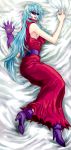  1girl arachnemon armpits bangs bare_shoulders bed_sheet belt blue_hair boots dakimakura digimon digimon_(creature) digimon_adventure_02 dress elbow_gloves eno456 full_body gloves lipstick long_dress long_hair looking_at_viewer lying makeup nail_polish parted_lips single_glove solo 