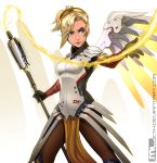  1girl asymmetrical_bangs bangs blonde_hair blue_eyes bodysuit breasts brown_legwear cowboy_shot energy_beam faulds gloves high_ponytail highres lips loincloth long_hair mechanical_halo mechanical_wings mercy_(overwatch) mleth overwatch pantyhose small_breasts solo staff swiss_flag wings 