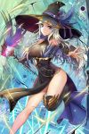  1girl bare_shoulders blue_eyes boots breasts collarbone covered_navel dress gloves hat highres holding holding_weapon kisina large_breasts long_hair looking_at_viewer outstretched_arms seven_knights silver_hair single_glove smile solo staff thigh-highs thigh_boots velika_(seven_knights) weapon wings witch_hat 