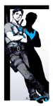  1boy agent_37 belt blue_eyes crossed_arms dc_comics dick_grayson escrima_stick gradient gradient_background holster leaning male_focus monochrome nightwing shoes short_sleeves silhouette sneakers solo spot_color standing thigh_strap 