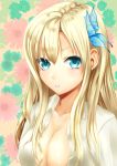  1girl blonde_hair blue_eyes boku_wa_tomodachi_ga_sukunai breasts cleavage fta hair_ornament kashiwazaki_sena long_hair looking_at_viewer open_clothes open_shirt shirt solo white_shirt 