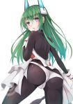  1girl absurdres ass blush bodysuit borrowed_character cowboy_shot fingerless_gloves gloves green_hair hazuki_gyokuto headgear highres long_hair looking_at_viewer looking_back menou_kaname original panties parted_lips simple_background solo underwear violet_eyes white_panties 