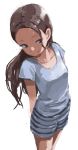  1girl absurdres arms_behind_back brown_eyes brown_hair brush_stroke collarbone cowboy_shot ears forehead highres long_hair looking_to_the_side shorts white_background yamamoto_souichirou 