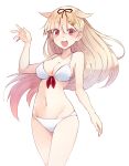  1girl aliasing alternate_costume bare_shoulders bikini blonde_hair breasts cleavage hair_flaps hair_ornament hairclip highres kantai_collection long_hair looking_at_viewer makiya_1919 medium_breasts navel red_eyes remodel_(kantai_collection) simple_background solo swimsuit white_background white_bikini yuudachi_(kantai_collection) 