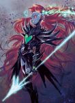  1girl absurdly_long_hair armor blue_skin heart long_hair monster_girl polearm redhead shoulder_spikes smile solo spear spikes takatora undertale undyne undyne_the_undying very_long_hair weapon 