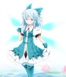  1girl adapted_costume alternate_costume blue_eyes blue_hair blush cirno dress gloves hair_ribbon ice ice_wings infrontie layered_dress looking_at_viewer puffy_sleeves ribbon short_hair short_sleeves simple_background solo touhou white_background white_gloves wings 