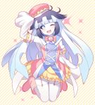  1girl ;d black_hair blue_hair blush boots detached_sleeves diagonal_stripes full_body garter_straps hat head_tilt knees_together_feet_apart looking_at_viewer multicolored_hair one_eye_closed open_mouth pale_skin pink_boots pop&#039;n_music schall_(pop&#039;n_music) shirt shouni_(sato3) sleeveless sleeveless_shirt sleeves_past_wrists smile solo sparkle thigh-highs two-tone_hair white_legwear yellow_shirt 