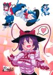  3girls :d ^_^ animal_ears blush bow bowtie capelet cat_ears cat_girl cat_tail chibi closed_eyes detached_sleeves dress_shirt food frilled_capelet frills fruit hakurei_reimu hat hat_bow hat_ribbon heart highres hinanawi_tenshi kemonomimi_mode long_sleeves multiple_girls nagae_iku open_mouth peach red_bow red_bowtie red_ribbon ribbon ryuuno_stadtfeld shawl shirt signature smile spoken_heart tail touhou upper_body 