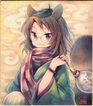  1girl animal_ears border bracelet brown_eyes brown_hair checkered futatsuiwa_mamizou glasses japanese_clothes jewelry kagami_leo kimono leaf leaf_on_head long_sleeves looking_at_viewer orange_background raccoon_ears raccoon_tail scarf short_hair smile solo tail touhou traditional_media watermark wide_sleeves 