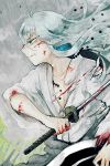  1boy beads blood bloody_clothes bloody_weapon blue_eyes blue_hair clenched_teeth injury japanese_clothes katana kousetsu_samonji kurosuke_(hipparu) male_focus personification solo sword teeth torn_clothes touken_ranbu upper_body weapon 
