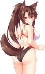  1girl alternate_hairstyle animal_ears ass back blush breasts brown_hair clenched_hand competition_swimsuit from_behind hair_between_eyes highres imaizumi_kagerou long_hair looking_at_viewer looking_back one-piece_swimsuit ponytail red_eyes sideboob simple_background solo standing swimsuit tail tareme touhou white_background wolf_ears wolf_tail yuu_(yu0221f) 