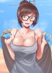  1girl beads black-framed_eyewear black-framed_glasses blue_sky blush breasts brown_eyes brown_hair camisole cleavage coat collarbone desert fur_coat fur_trim glasses grey_shirt hair_bun hair_ornament hair_stick hairpin haru_to_neru_(act_partner) highres hot large_breasts mei_(overwatch) open_mouth outdoors overwatch shiny shiny_skin shirt short_hair sky smile solo sweat tank_top undressing upper_body 
