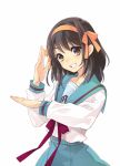  1girl black_hair bow bowtie brown_eyes grin hair_ribbon highres itou_noiji looking_at_viewer official_art orange_ribbon parody ribbon school_uniform serafuku simple_background smile solo suzumiya_haruhi suzumiya_haruhi_no_yuuutsu ultra_series ultraman_(1st_series) white_background 