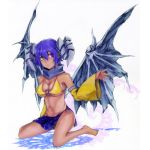  1girl arikanrobo bare_shoulders bikini blue_hair breasts cleavage dark_skin detached_sleeves dragon_girl dragon_horns dragon_wings full_body green_eyes heterochromia horns looking_away lowres medium_breasts o-ring_top original pointy_ears short_hair sideboob solo swimsuit transparent_background under_boob violet_eyes wide_sleeves wings yellow_bikini 