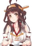  1girl absurdres ahoge bare_shoulders blush breasts brown_eyes brown_hair cleavage collarbone cup detached_sleeves double_bun hairband hazuki_gyokuto headgear highres japanese_clothes kantai_collection kongou_(kantai_collection) large_breasts long_hair looking_at_viewer nontraditional_miko ribbon-trimmed_sleeves ribbon_trim smile solo teacup upper_body white_background 