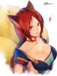  1girl ahri alternate_hair_color animal_ears arms_at_sides bibiko braid breasts cleavage fox_ears fox_tail foxfire_ahri from_above heart league_of_legends light_smile lips looking_at_viewer multiple_tails redhead single_braid solo tail upper_body whisker_markings yellow_eyes 