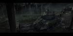  1girl bad_id dark female forest fury_(movie) girls_und_panzer ground_vehicle highres m4_sherman military military_vehicle motor_vehicle nature outdoors plant rain raincoat renatus.z solo tank 