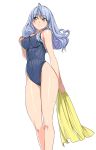  1girl ahoge blue_hair breasts closed_mouth groin highres holding long_hair masao medium_breasts one-piece_swimsuit original simple_background solo standing swimsuit towel wet white_background yellow_eyes 