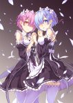  2girls apron blue_eyes blue_hair bow breasts detached_collar detached_sleeves dress frilled_dress frills from_side hair_ornament hair_over_one_eye hand_holding highres interlocked_fingers looking_at_viewer maid maid_apron maid_headdress multiple_girls open_mouth petals pink_hair ram_(re:zero) re:zero_kara_hajimeru_isekai_seikatsu red_eyes rem_(re:zero) ribbon-trimmed_clothes ribbon-trimmed_legwear ribbon-trimmed_sleeves ribbon_trim siblings sisters smile thigh-highs totika twins underbust white_legwear x_hair_ornament 