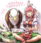  1girl :d ^_^ arm_garter bandaged_arm bird blush breasts bun_cover chick chinese_clothes closed_eyes cuffs double_bun dragon eagle eastern_dragon flower hair_bun ibaraki_kasen indian_style open_mouth pink_hair pink_rose puffy_short_sleeves puffy_sleeves rose ryuuno_stadtfeld shackles short_hair short_sleeves sitting smile solo tabard touhou translation_request 