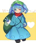  1girl ;d backpack bag black_legwear blue_dress blue_eyes blue_gloves blue_hair blush cropped_legs dress gloves grin hair_bobbles hair_ornament hat kawashiro_nitori long_sleeves looking_at_viewer nose_blush one_eye_closed open_mouth pantyhose pocket red_scarf scarf shirt short_hair skirt skirt_set smile solo tori_(otori) touhou twintails twitter_username two_side_up v wings 