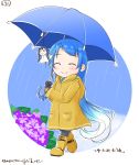  &gt;_&lt; 1girl :&gt; ^_^ absurdly_long_hair anchor_symbol bangs black_gloves black_legwear blue_hair blush boots character_doll closed_eyes flower gloves gradient_hair highres holding holding_umbrella hood hood_down kantai_collection leaf long_hair long_sleeves mae_(maesanpicture) multicolored_hair numbered pocket rain raincoat rubber_boots samidare_(kantai_collection) smile solo suzukaze suzukaze_(kantai_collection) swept_bangs teruterubouzu twitter_username umbrella very_long_hair walking 