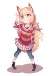  1girl animal_ears artist_request blonde_hair blush boots clenched_teeth fox_ears fox_tail horizontal_stripes long_hair original pleated_skirt pullover raised_hand red_eyes skirt solo striped tail teeth 