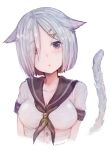  1girl :&lt; animal_ears blue_eyes breasts cat_ears cat_tail eyes_visible_through_hair grey_hair hair_ornament hair_over_one_eye hairclip hamakaze_(kantai_collection) hatoneko highres kantai_collection neckerchief school_uniform serafuku short_hair short_sleeves simple_background solo tail twitter_username upper_body white_background 