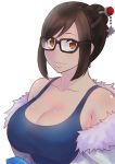  1girl bangs bare_shoulders beads bl00d_h00d black-framed_eyewear black-framed_glasses breasts brown_eyes brown_hair cleavage coat collarbone dress fur-lined_jacket fur_coat fur_trim glasses hair_bun hair_ornament hair_stick hairpin highres jacket large_breasts lips looking_at_viewer mei_(overwatch) off_shoulder open_clothes open_jacket overwatch parka short_hair sidelocks smile snowflake_hair_ornament solo swept_bangs tank_top upper_body winter_clothes winter_coat 