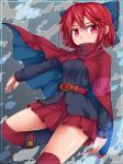  1girl belt black_shirt blue_bow boots bow cape eyebrows eyebrows_visible_through_hair hair_between_eyes hair_bow long_sleeves looking_at_viewer miniskirt outstretched_arm over-kneehighs red_eyes red_legwear red_skirt redhead sekibanki serious shirt short_hair skirt solo thigh-highs touhou uumaru1869 