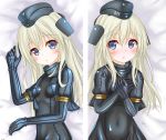  blonde_hair blue_eyes breasts commentary_request covered_navel cropped_jacket eyebrows eyebrows_visible_through_hair garrison_cap hat kantai_collection langley1000 long_hair looking_at_viewer lying military military_uniform small_breasts u-511_(kantai_collection) uniform 