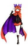  1girl arikanrobo black_shirt boots bow cape cross-laced_footwear full_body hair_bow high_collar lace-up_boots long_sleeves looking_at_viewer miniskirt pleated_skirt purple_bow red_eyes red_skirt redhead salute sekibanki shirt short_hair skirt solo touhou 