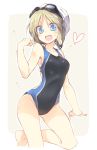 1girl alice_margatroid back_cutout bangs blonde_hair blue_eyes breasts commentary_request competition_swimsuit eyebrows eyebrows_visible_through_hair goggles goggles_on_head hand_up heart kneeling looking_at_viewer medium_breasts one-piece_swimsuit open_mouth satou_kibi simple_background sketch smile solo swim_cap swimsuit tan_background touhou towel towel_on_head water_drop white_background 