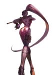 1girl aiming ass bodysuit et.m facing_away from_behind from_below full_body gun head_mounted_display long_hair overwatch ponytail purple_skin rifle shiny shiny_clothes shoulder_blades simple_background sniper_rifle solo very_long_hair weapon white_background widowmaker_(overwatch) 