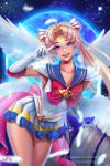  angel_wings artist_name bent_over bishoujo_senshi_sailor_moon blonde_hair blue_eyes brooch choker chromatic_aberration collarbone covered_navel crescent double_bun elbow_gloves facial_mark feathers forehead_mark gloves hair_ornament heart highres jewelry long_hair looking_at_viewer miniskirt motion_blur olga_narhova pleated_skirt ribbon sailor_moon shiny skirt sky smile star_(sky) starry_sky super_sailor_moon tsukino_usagi twintails v very_long_hair watermark web_address white_gloves wings 