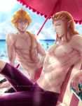  2boys abs beach blonde_hair blue_eyes cameo circlet crown earrings genderswap genderswap_(ftm) jewelry link long_hair looking_at_viewer male_focus mario mincelot mini_crown multiple_boys muscle nintendo nipples parted_lips pointy_ears princess_peach princess_zelda shirtless super_mario_bros. super_mushroom super_smash_bros. sweat the_legend_of_zelda the_legend_of_zelda:_twilight_princess umbrella 