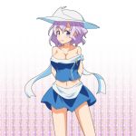  1girl adapted_costume arms_behind_back bare_shoulders blue_eyes breasts casual cato_(monocatienus) cleavage hat large_breasts lavender_hair letty_whiterock looking_at_viewer midriff miniskirt navel short_hair skirt solo sweat touhou violet_eyes 