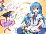  1girl apron bird black_hat blouse blue_dress blue_hair bow bowtie buttons card dress flower food frills fruit happy_birthday hat hinanawi_tenshi leaf long_hair open_mouth peach puffy_short_sleeves puffy_sleeves rainbow_gradient rainbow_order red_bow red_eyes rose ruu_(tksymkw) shirt short_sleeves solo touhou white_blouse white_shirt 