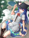 1girl bimuri blue_hair blush boots food fruit hat highres hinanawi_tenshi long_hair looking_at_viewer open_mouth peach puffy_sleeves red_eyes short_sleeves sitting skirt smile solo touhou