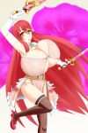  1girl artist_request breasts bursting_breasts dual_wielding female gigantic_breasts highres long_hair looking_at_viewer original redhead solo sword tagme weapon white_skin yellow_eyes 