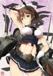  &gt;:) 1girl absurdres arm_up armpits bare_shoulders breasts brown_hair contrapposto cowboy_shot flower gloves gluteal_fold green_eyes hairband hand_on_hip hazuki_gyokuto headgear highres kantai_collection looking_at_viewer midriff miniskirt mutsu_(kantai_collection) navel radio_antenna short_hair skirt sleeveless smile solo turret underbust white_gloves wisteria 