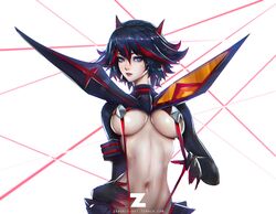  1girl black_hair blue_eyes breasts cleavage kill_la_kill large_breasts looking_at_viewer matoi_ryuuko navel paul_kwon redhead senketsu solo stomach suspenders two-tone_hair under_boob 