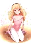  1girl :&lt; a_k_o absurdres ballerina ballet ballet_slippers blonde_hair blush commentary_request flat_chest hairband highres leotard long_hair looking_at_viewer original pantyhose red_eyes sitting solo tears wariza white_legwear 